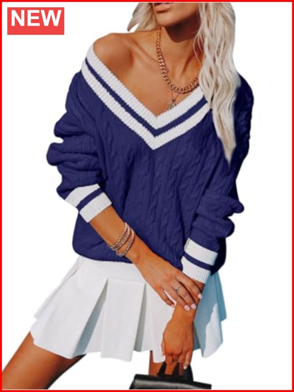 Womens V Neck Oversized Cable Knit Pullover Sweater Long Sleeve Chunky Tunic